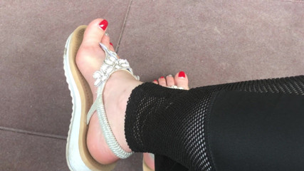 Goddess Misha Goldy: Sandals teasing outdoor with red toenails & toes wiggling