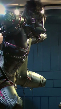 Furry Stress Pose: Full Dog Suit, Leather Straps & Predicament Hang
