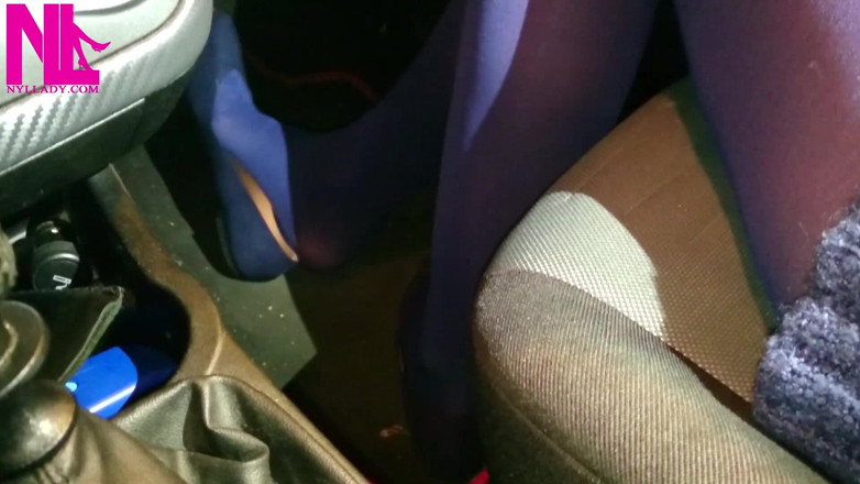 Nyllady: Dangling in Blue Pantyhose and Blue Flats on a Gas...