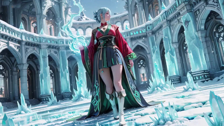 Seraphina Vale: บัลลังก์น้ําแข็ง! Mage ผมเงินในคุกเข่าในเสื้อผ้าสีแดงสีเขียว, คู่หูผมสีฟ้าหยอกล้อใน realm!