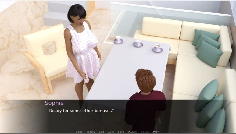XXX Games Bunk: Milftopia - геймплей - ролевая игра - мачеха друга делает минет под столом другу пасынка и трахается