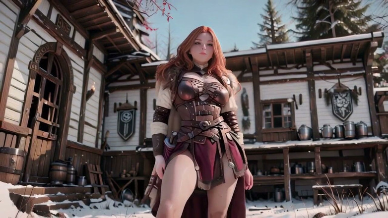 Seraphina Vale: Red-haired Warrior! Forbidden Leather Armor Tease Against Pure White Backdrop.