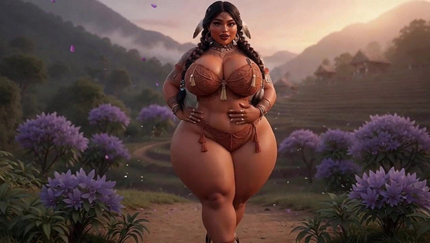 Curvy Indigenous Tribal BBW Strips & Shows Massive Tits in Sunset Village (Animate golden)