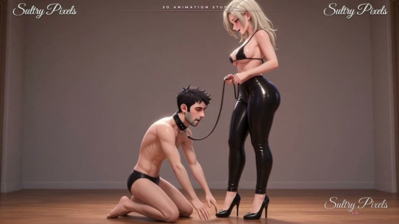 Sultry Pixels 3D: Tall Latex Blonde Leads Her Collared Man by the Leash -...