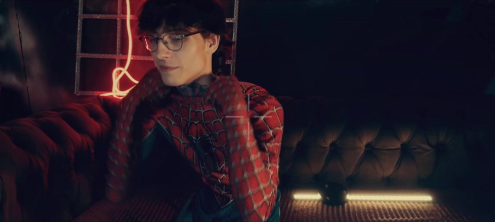 HotDogs studio: Kostium Spider-Mana. Chłopiec pozuje poniżej. Dupek
