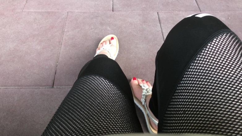 Goddess Misha Goldy: Sandals teasing outdoor with red toenails &amp; toes wiggling
