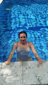 Outdoor Yoga Tree Pose & Tease in See-through Bodysuit in the Pool
