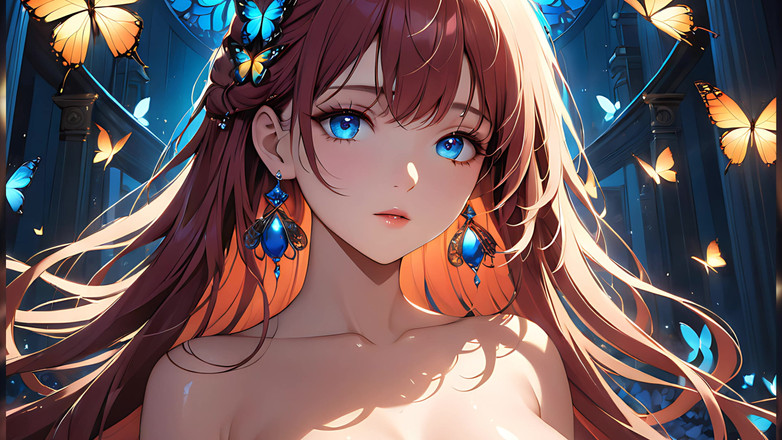 LustRender: 蝶は輝く美しい若い女性で、輝く翼を周囲に広げている