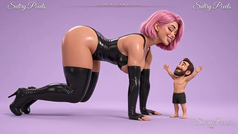 Sultry Pixels 3D: Руда латексна господиня повзає для довгого поцілунку зі своїм крихітним чоловіком