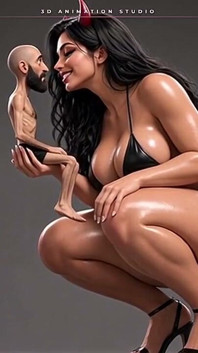 Giant She-devil Strips Topless for Her Tiny Bearded Man - He Kisses Her High Heel