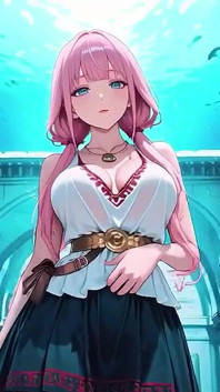 Underwater Fantasy Pink-haired Girl in a Sailor Suit Lounging Lazely, Fingertips Touching the Water as Sunlight Wets Her Skin.