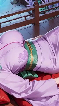 Green-haired Kimono Girl's Private Morning! Purple Yukata Slightly Damp, Kneeling on the Bed in a Japanese Room