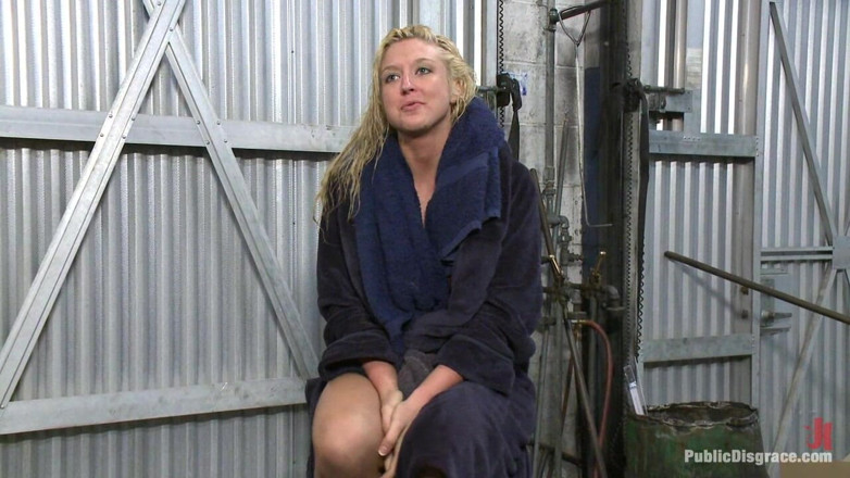 Public Disgrace by Kink: Busty Blonde Defiled. Pretty Hair Used to Mop up Oil