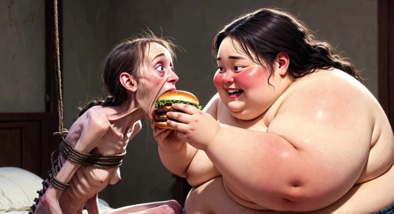YOUR BEST FANTASY: Skinny Girl Getting Fed by Huge Fat Woman - Contrast Feeding...