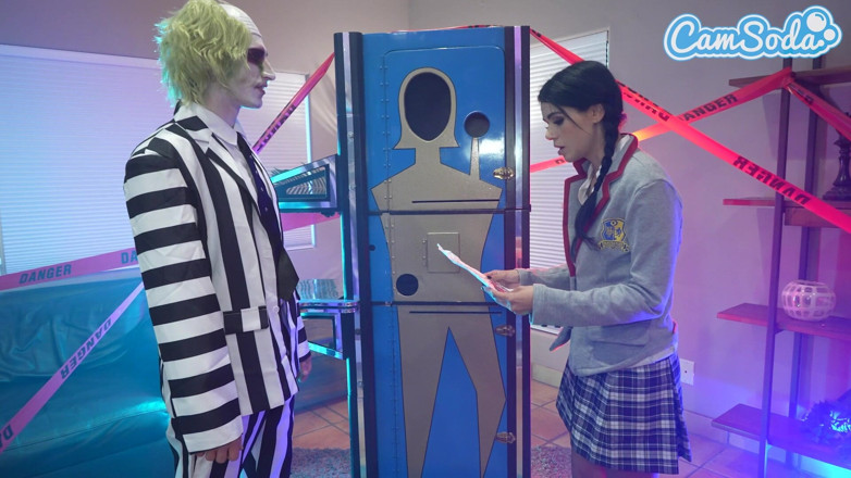 CamSoda: Cosplay Threesome - Bettlejuice, Wednesday Addams and Her Big Tits Stepmom