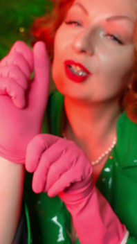 Pretty pin up model Arya and pink latex household gloves