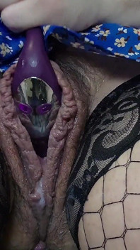 Meia preta, buceta gorda, vibrador cremoso orgasmo
