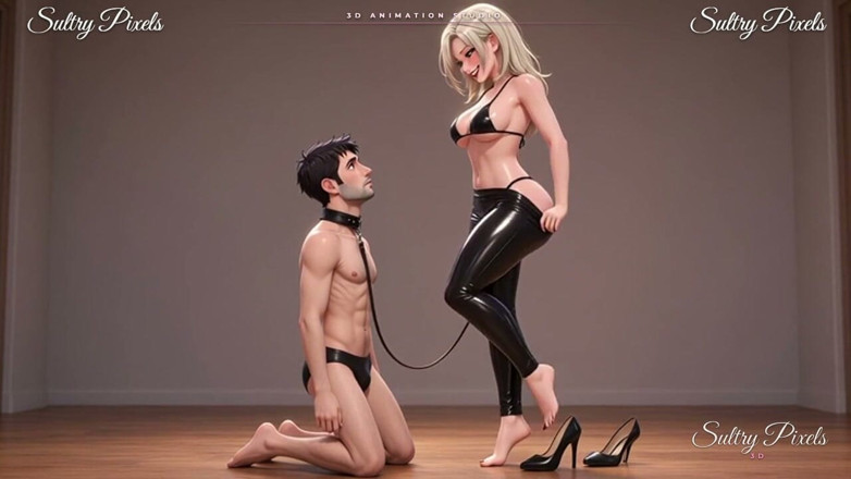 Sultry Pixels 3D: Vysoká latexová blondýnka vede svého límečkového muže za vodítko - noha...