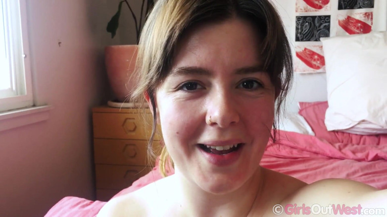 Girls Out West: Cute brunette amateur girl with erect nipples masturbates at home