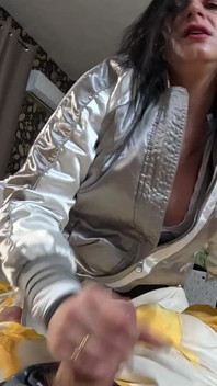 Shiny Robot Suit, Drooling Blowjob & Gagging Play - Cum on My Bomber Jacket