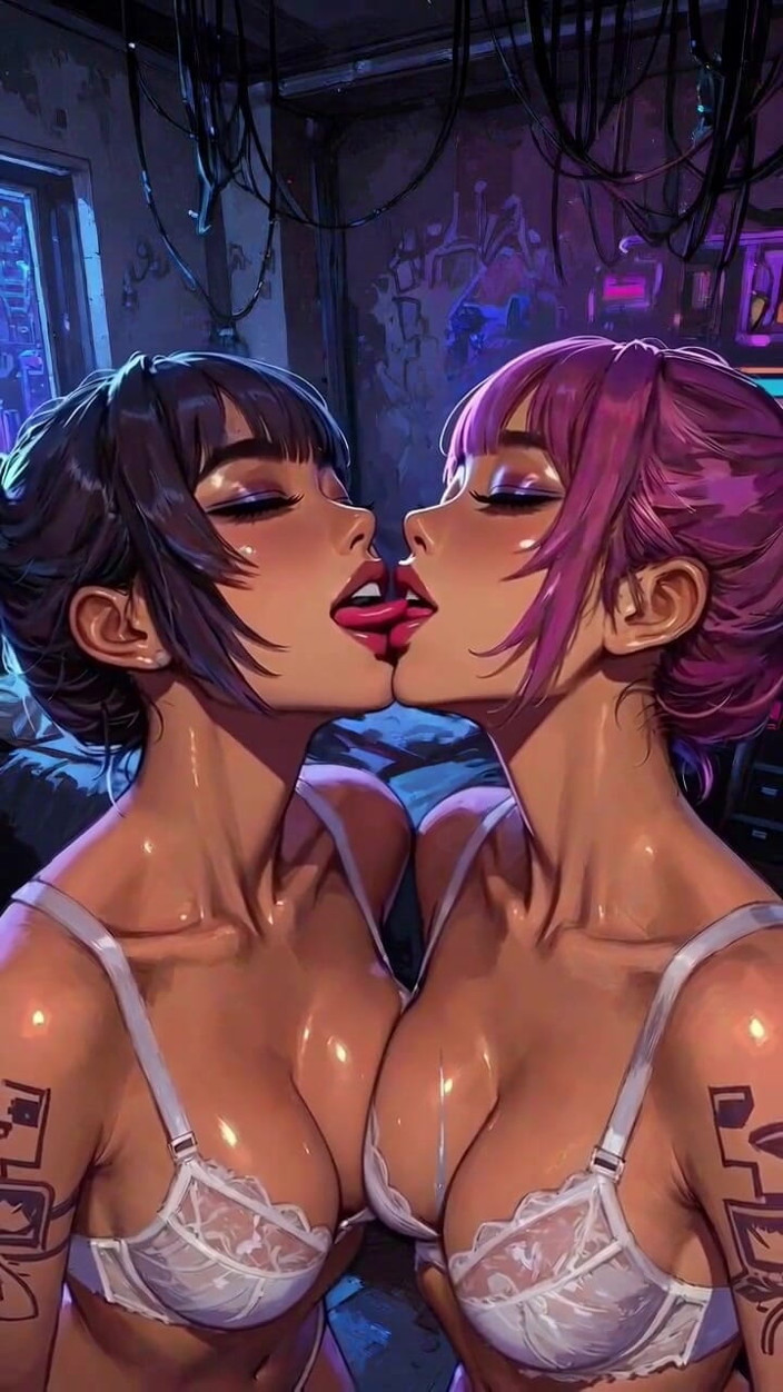 Hot girl dancing: Cyberpunk lezbiyenler dil ve öpücük fetişi, ai animasyon
