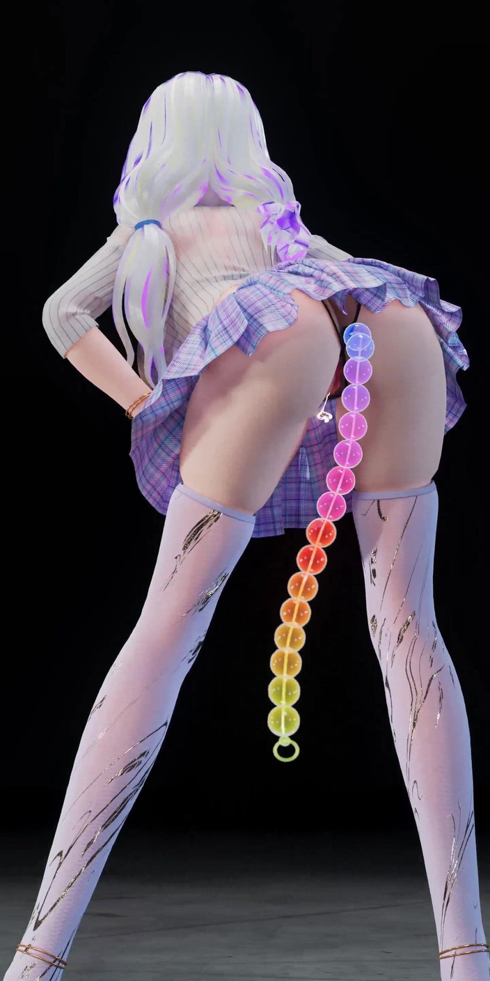 MikuMotion: 전화번호 애널 플러그; 비드 체인; 맨바닥의 울트라 쇼트 스커트; 화이트 스타킹