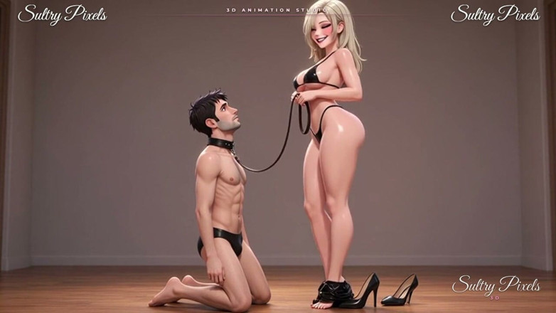 Sultry Pixels 3D: Una bionda alta in lattice conduce il suo uomo colletto...