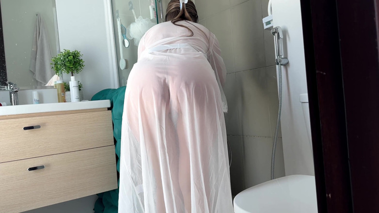 Alina Rai: Stepmom Cleans the Bathroom in Her Sheer Dress. Slowly