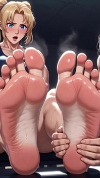 Old Woman Licking Muscular Womans Feet in Gym - Humiliation