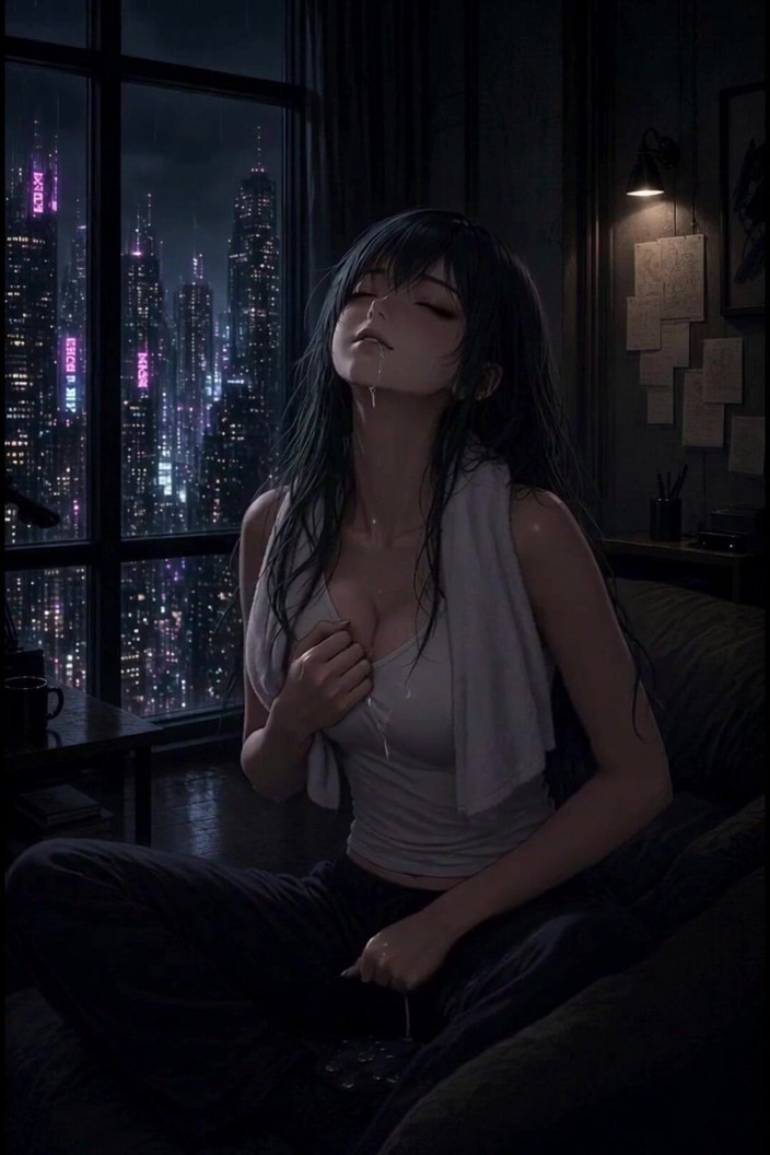 Wertstofsamler: Anime zielonowłose cyberpunk rain window fuck