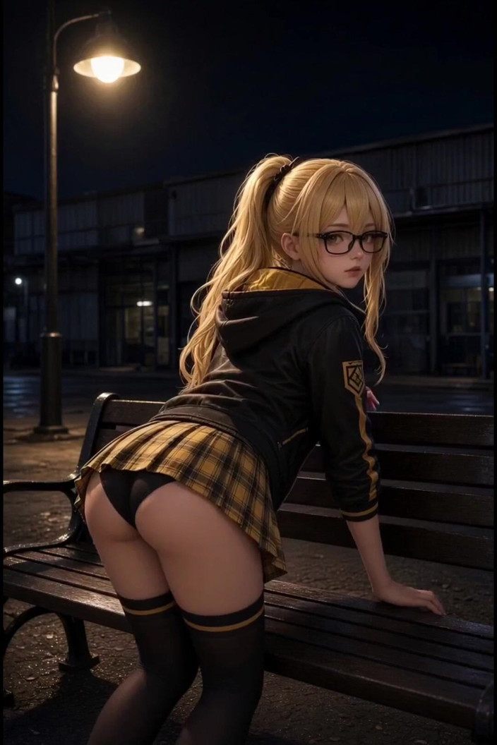 Wertstofsamler: Anime Gaming cosplay loira no banco atrás de fairgrounds