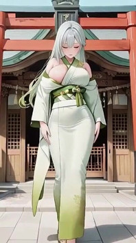 Silverhåriga Shrine Maiden Secrets! Languidly liggande i en röd korridor, hennes bara axlar och frodiga lår exponerade