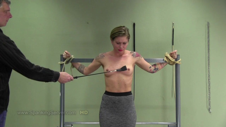 Spanking Server: Tattooed Cora breast whip