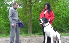 Chubby and horny brunette was walking her pet when she met a stranger to fuck her