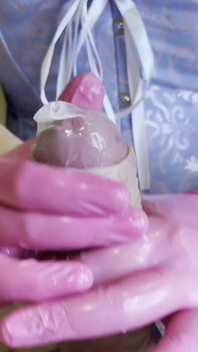 Condom Handjob with Latex Gloves