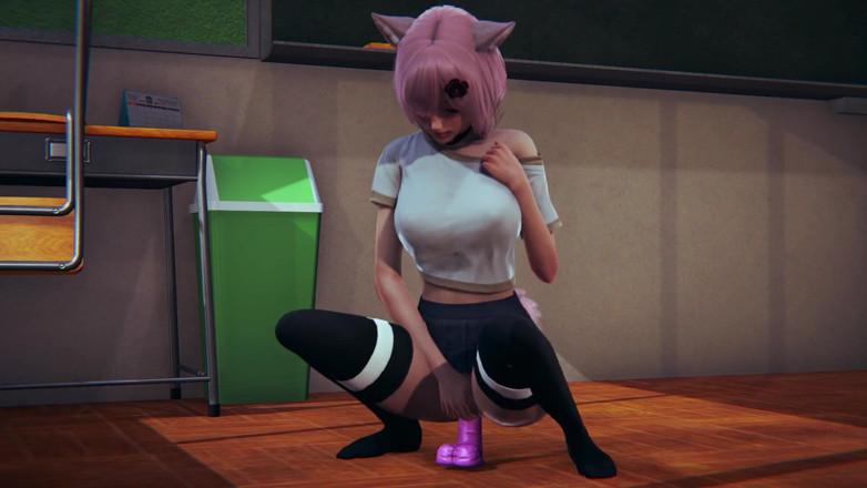 Waifu club 3D: Neko collegegirl masturbates with a pink dildo