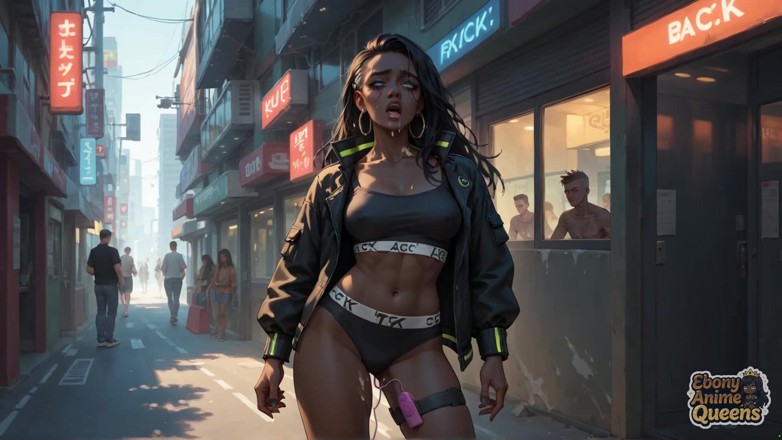 Ebony Anime Queens: Ratu cybernetic kulit hitam lagi asik orgasme di kota neon!...