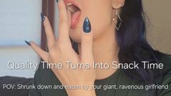 Freya Reign: 质量时间转向小吃时间：第一人称视角缩小并被你的巨大，贪婪的女友吃掉