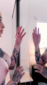 Petite big tits tattooed brunette Ophelia Rain POV deepthroat blowjob cum swallow