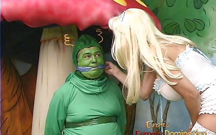 Erotic Female Domination: Blonde femdom covering submissive in duct tape in parody video