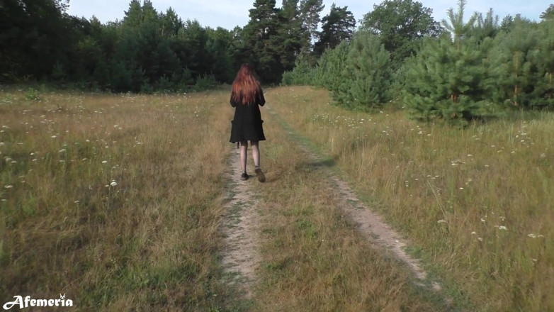 Afemeria: Lustful brunette undresses in the woods and walks naked