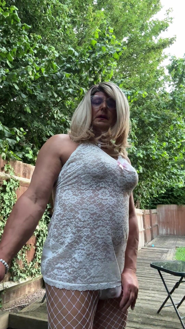Sexy Crossdresser Kellycd2022 in White Lace Outfit Fishnet Pantyhose and Heels (Kelly CD 2022)
