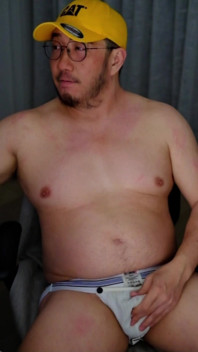 Piggy Asian Panda Bear Pissing Cumming in Worn White Jockstraps in Office at Daddies Orders