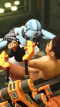 Vreau doar pula ta! Robot transsexual fute o brunetă sexy țâțoasă cu cătușe în laboratorul sci-fi