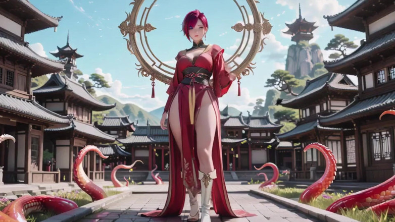 Seraphina Vale: 穿着高缝和服的紫色头发战争女仆，跪着戏弄你的眼睛，火辣的目光和湿润的，禁止的耳语。