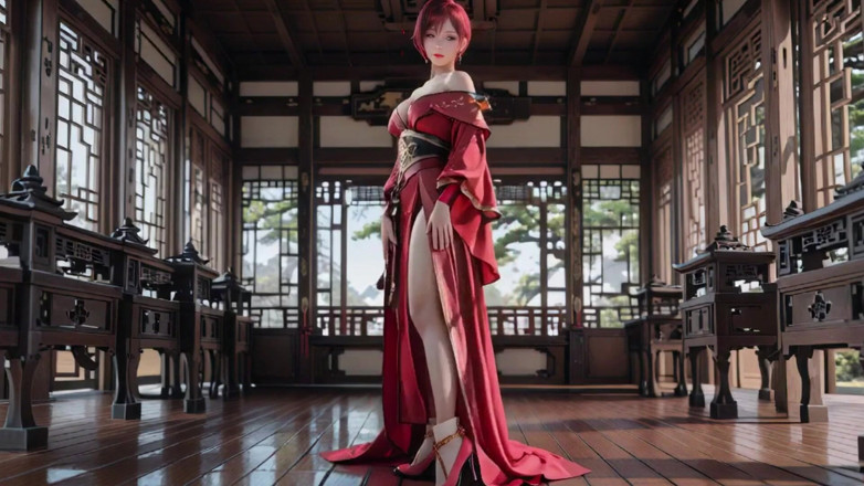 Seraphina Vale: Purple-haired War Maiden in High-slit Kimono, Kneeling to Tease Your...