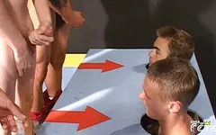 Group of young guys participate at a blowing contest and suck their partners big cocks