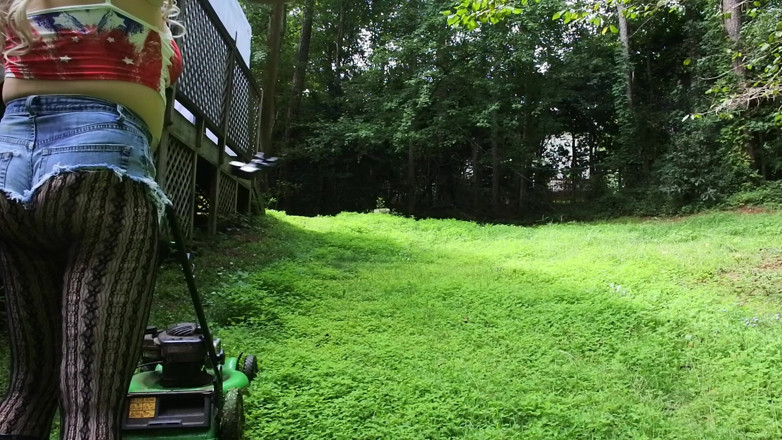 Jon Screcrow: Big Fake Tits Crossdresser in Daisy Dukes Mowing Grass