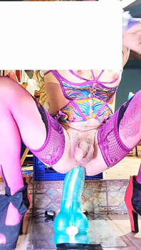 Cute TS Sissy Transgender Sexy Lingerie Riding Big Anal Dildo Without Panties