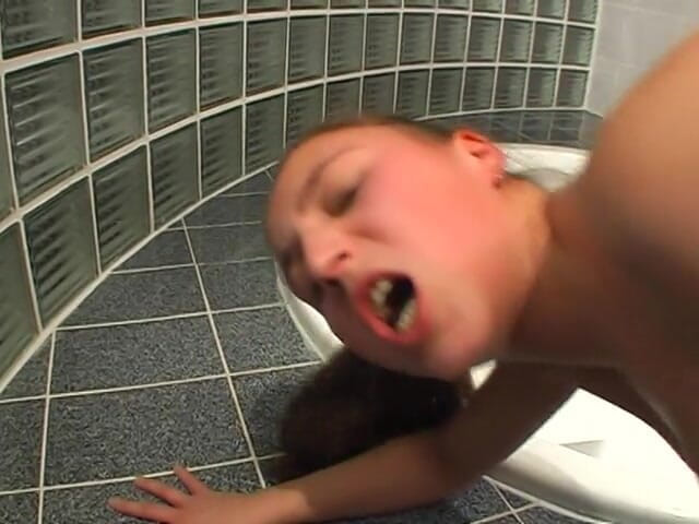 Lucky Cooch: Stockinged brunette fucked hard in the bathroom